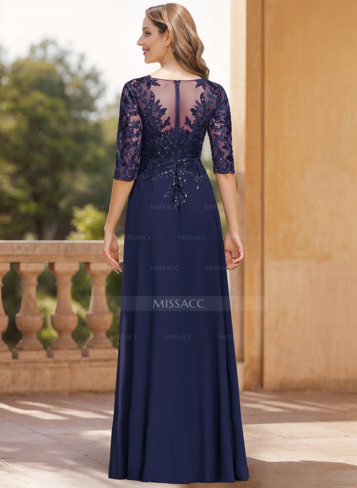 A-Line V-Neck 1/2 Sleeves Floor-Length Chiffon Mother Of The Bride Dresses With Lace