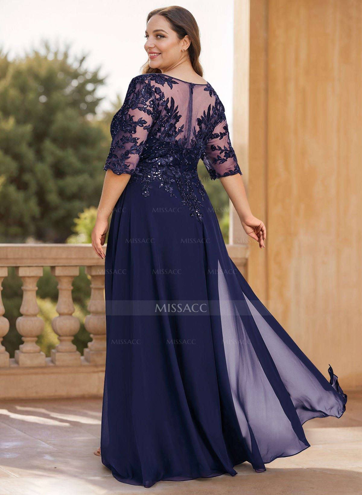 A-Line V-Neck 1/2 Sleeves Floor-Length Chiffon Mother Of The Bride Dresses With Lace