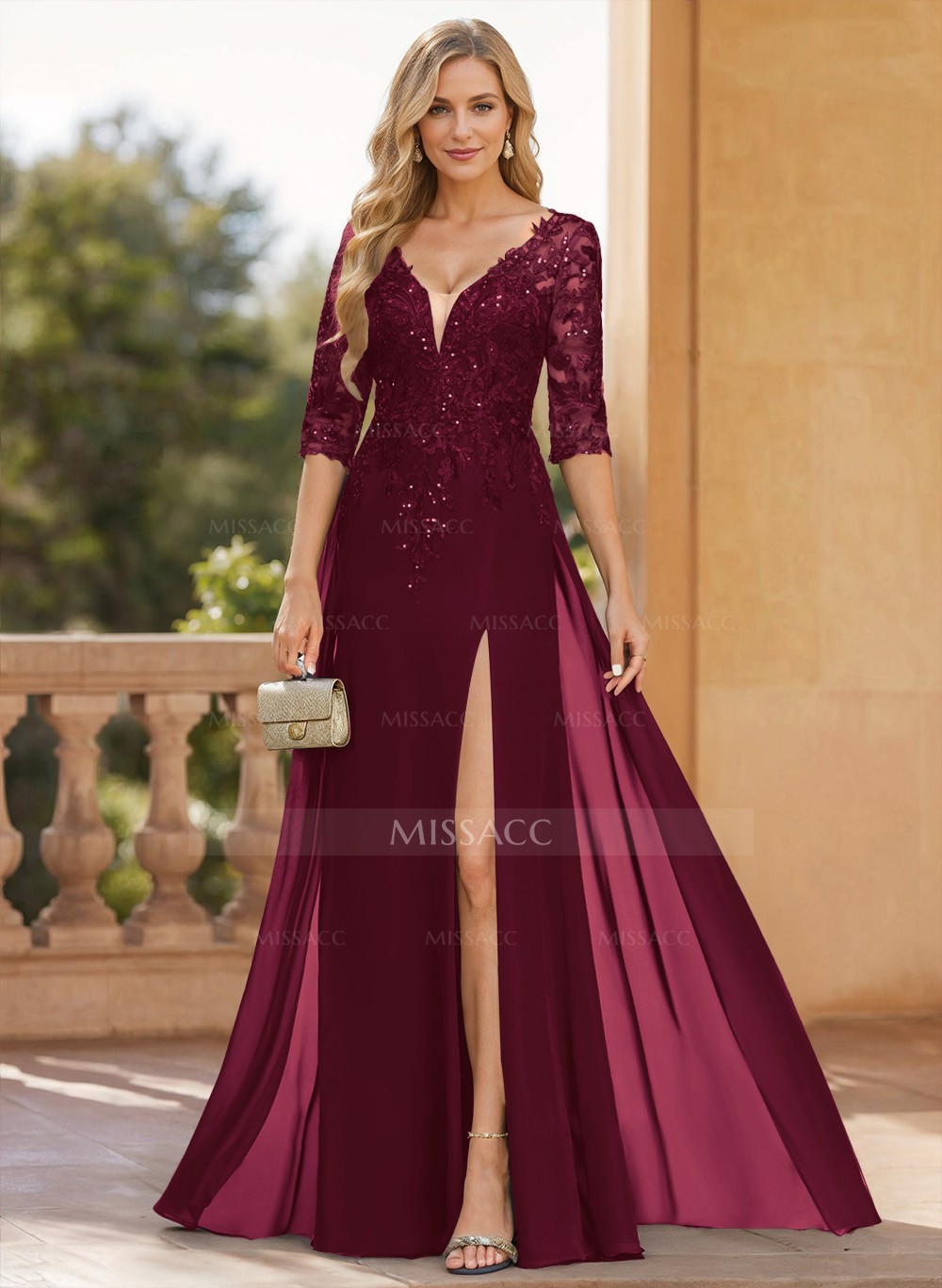 Exquisite Plunge Neck Floral Embroidered Sleeves Chiffon