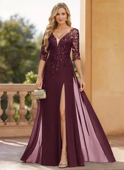 Exquisite Plunge Neck Floral Embroidered Sleeves Chiffon Mother Of The  Bride Dresses With High Split - Missacc