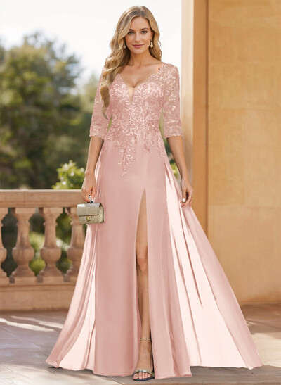 Exquisite Plunge Neck Floral Embroidered Sleeves Chiffon Mother Of The Bride Dresses With High Split