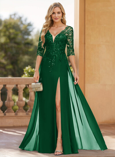 Exquisite Plunge Neck Floral Embroidered Sleeves Chiffon Mother Of The Bride Dresses With High Split