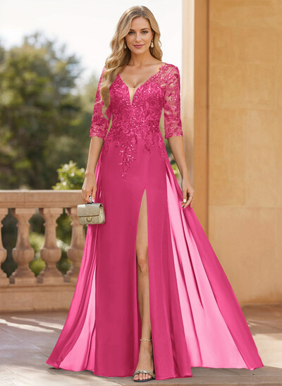 Exquisite Plunge Neck Floral Embroidered Sleeves Chiffon Mother Of The Bride Dresses With High Split