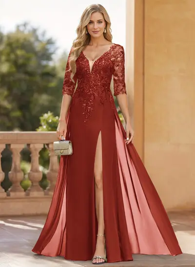 Missacc Cinnamon Rose Mother Of The Bride Dresses Exquisite Plunge Neck Floral Embroidered Sleeves Chiffon Mother Of The Bride Dresses With High Split