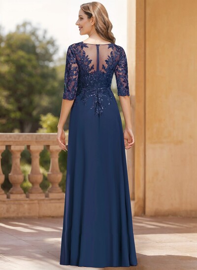 Exquisite Plunge Neck Floral Embroidered Sleeves Chiffon Mother Of The Bride Dresses With High Split