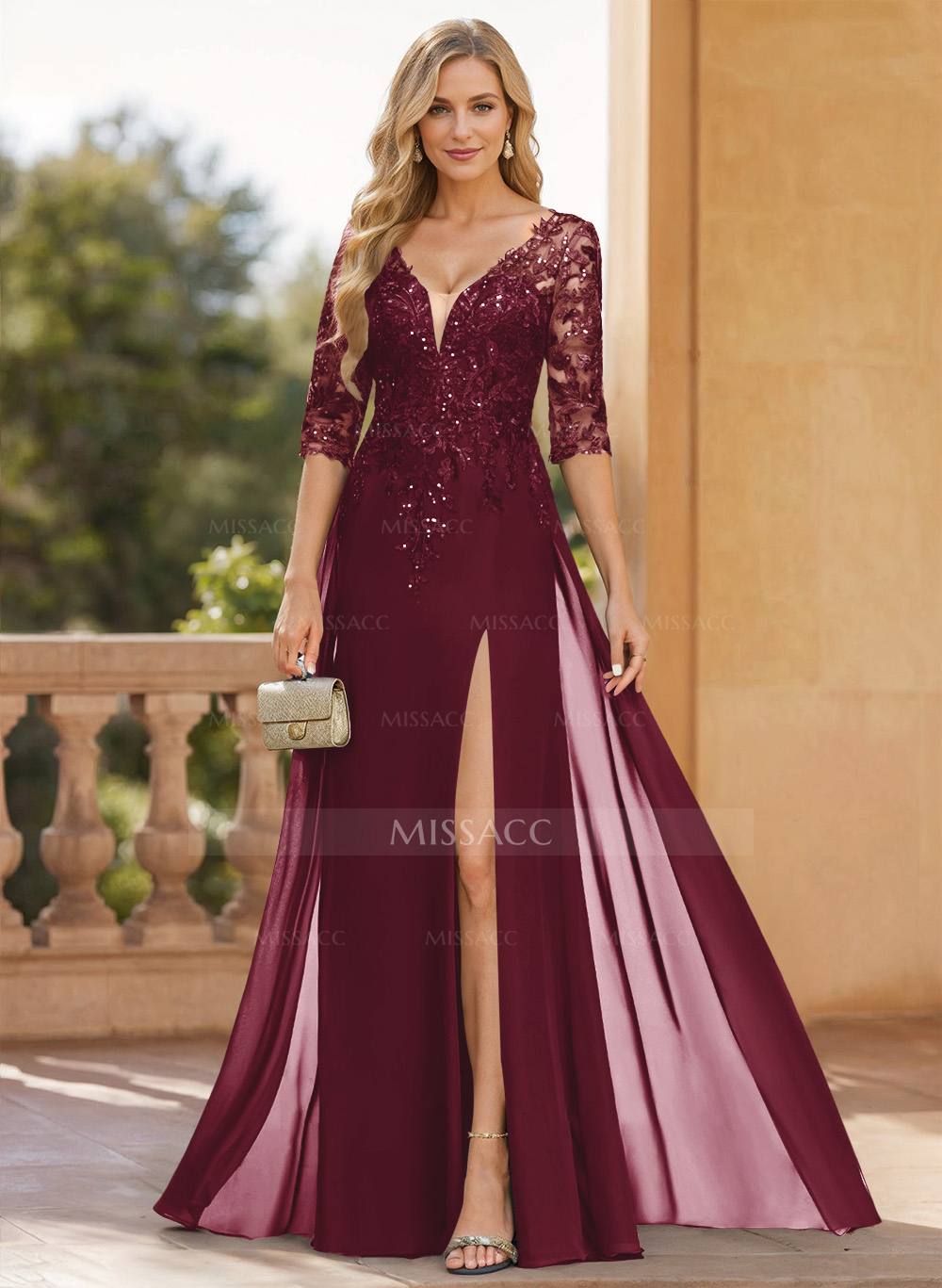 Exquisite Plunge Neck Floral Embroidered Sleeves Chiffon Mother Of