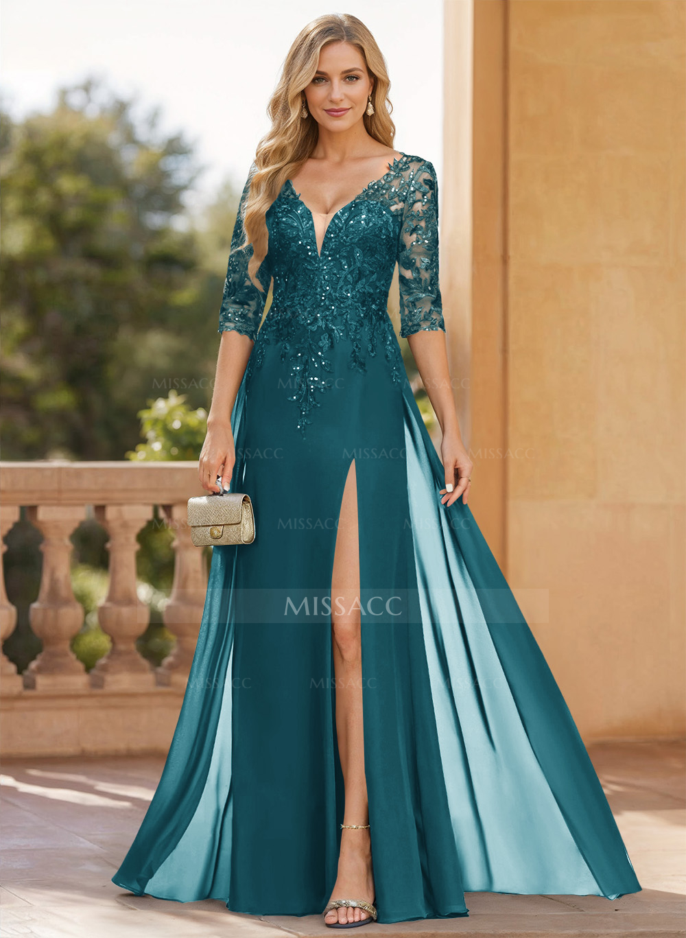 Exquisite Plunge Neck Floral Embroidered Sleeves Chiffon Mother Of