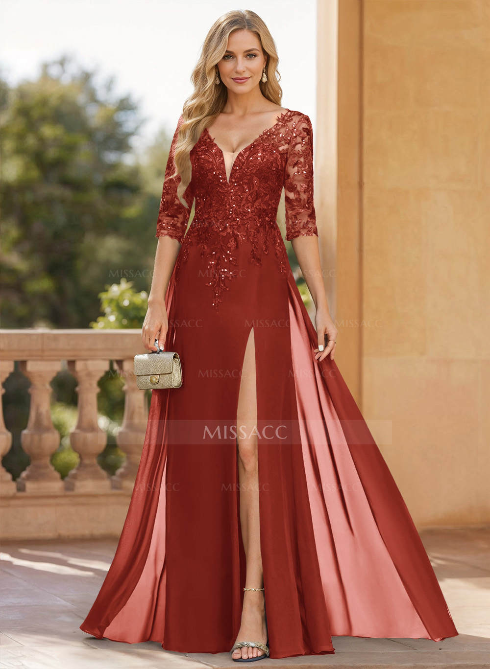 Exquisite Plunge Neck Floral Embroidered Sleeves Chiffon Mother Of