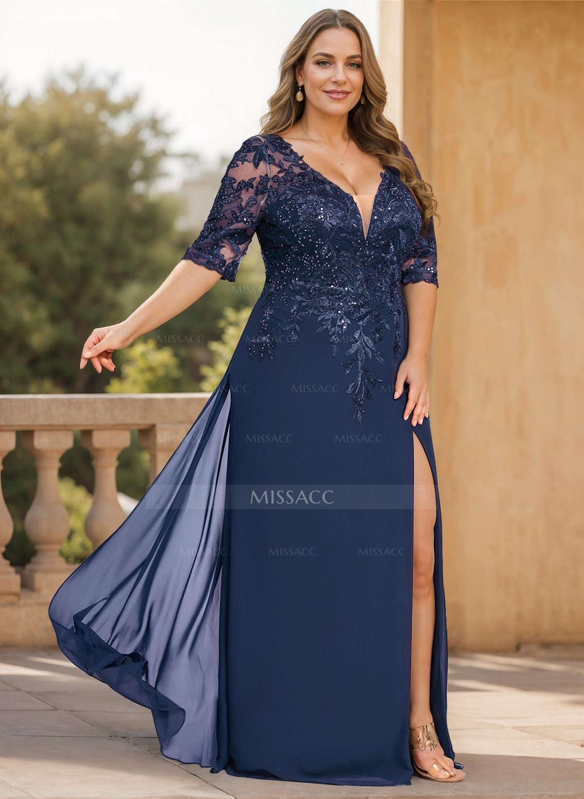 Exquisite Plunge Neck Floral Embroidered Sleeves Chiffon Mother Of The Bride Dresses With High Split