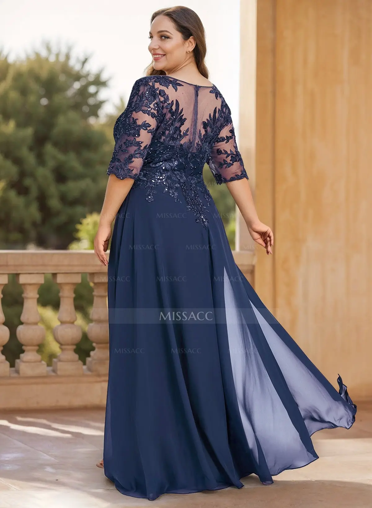 Exquisite Plunge Neck Floral Embroidered Sleeves Chiffon Mother Of