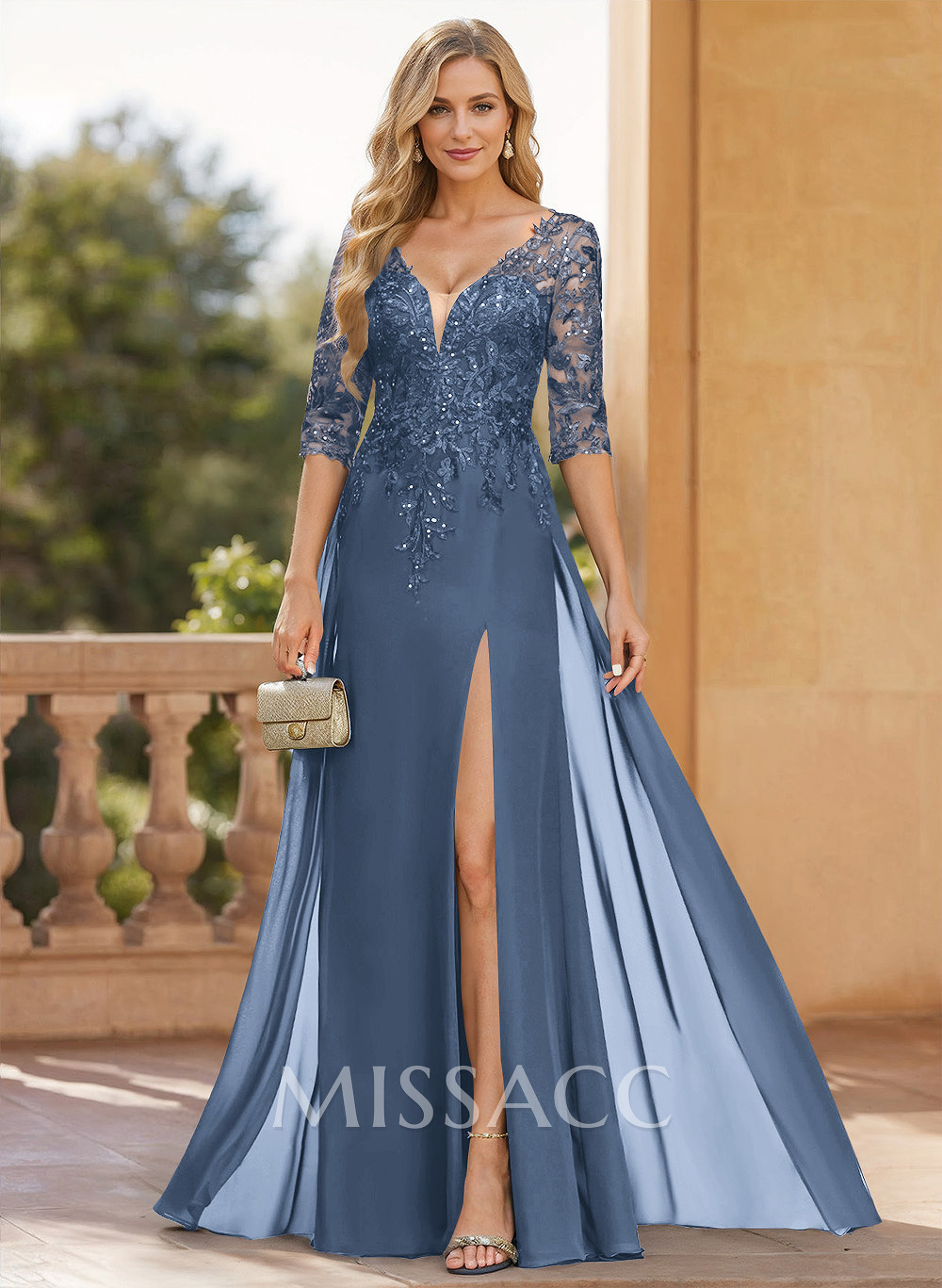 Exquisite Plunge Neck Floral Embroidered Sleeves Chiffon Mother Of The Bride Dresses With High Split