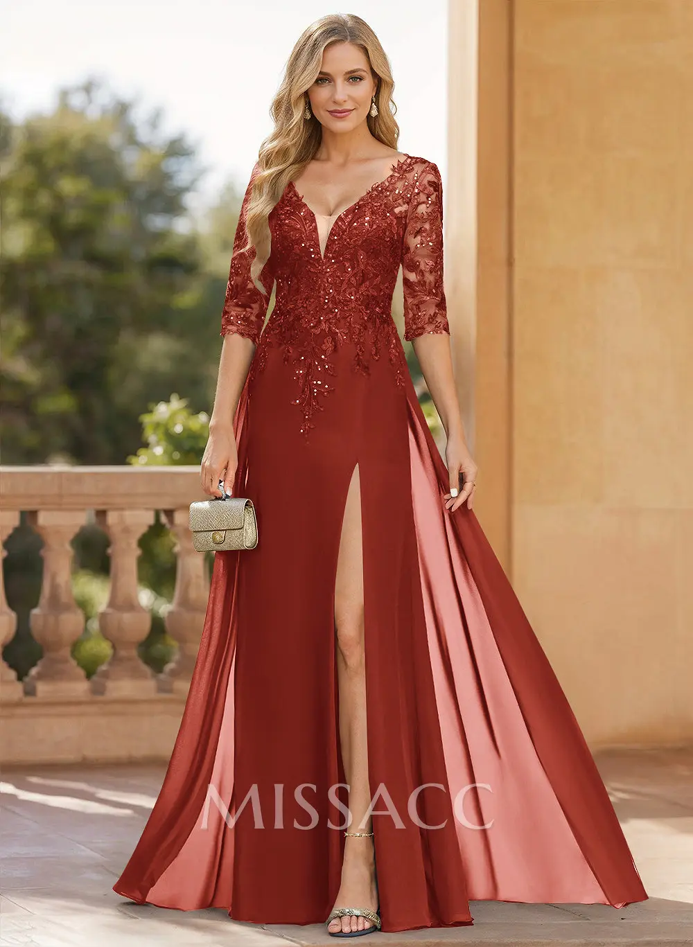 elegant seductive evening dresses Lace-Sleeve Long Formal Dress: Dancing Queen 4498 Silver / XSmall main image 1