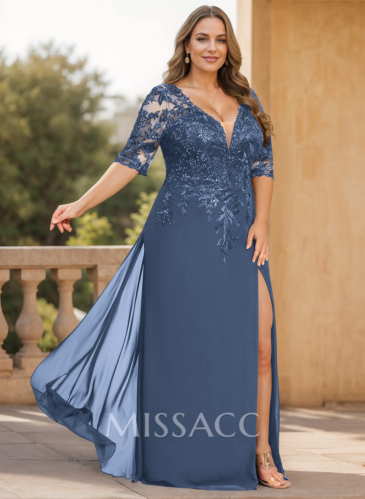 Exquisite Plunge Neck Floral Embroidered Sleeves Chiffon Mother Of The Bride Dresses With High Split