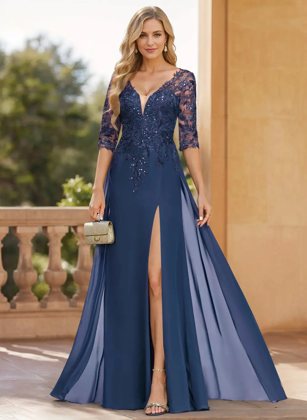 Exquisite Plunge Neck Floral Embroidered Sleeves Chiffon Mother Of The Bride Dresses With High Split