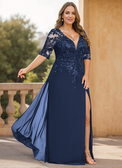 Exquisite Plunge Neck Floral Embroidered Sleeves Chiffon Mother Of The Bride Dresses With High Split