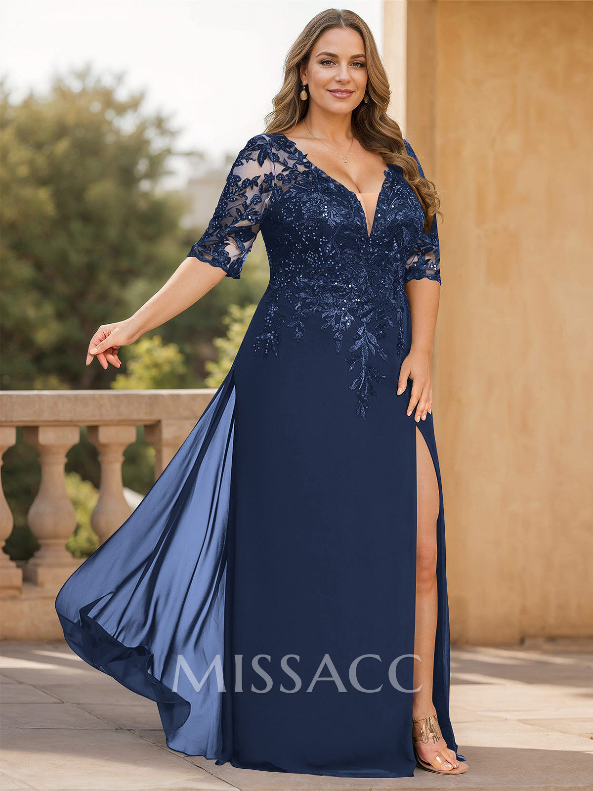 Exquisite Plunge Neck Floral Embroidered Sleeves Chiffon Mother Of The Bride Dresses With High Split
