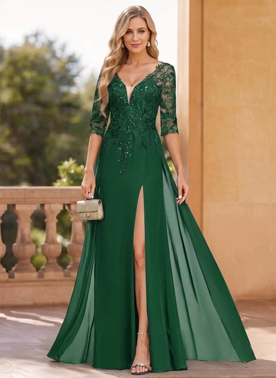Exquisite Plunge Neck Floral Embroidered Sleeves Chiffon Mother Of The Bride Dresses With High Split