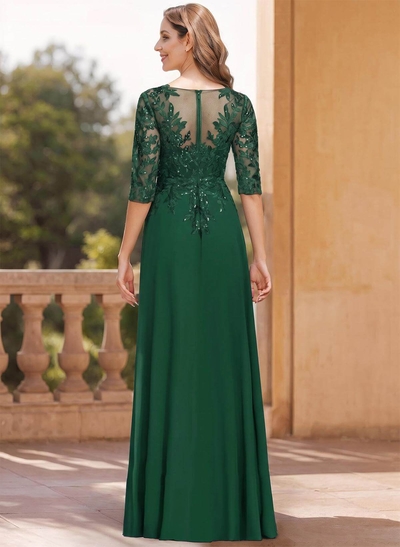 Exquisite Plunge Neck Floral Embroidered Sleeves Chiffon Mother Of The Bride Dresses With High Split