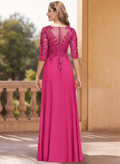 Exquisite Plunge Neck Floral Embroidered Sleeves Chiffon Mother Of The Bride Dresses With High Split