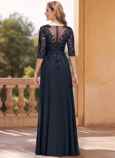 Exquisite Plunge Neck Floral Embroidered Sleeves Chiffon Mother Of The Bride Dresses With High Split