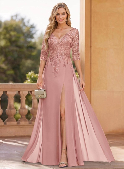 Exquisite Plunge Neck Floral Embroidered Sleeves Chiffon Mother Of The Bride Dresses With High Split