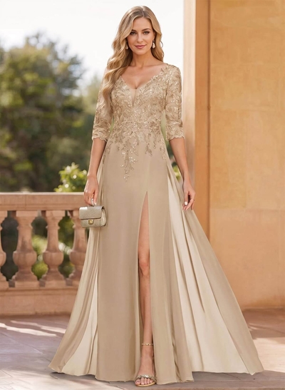 Exquisite Plunge Neck Floral Embroidered Sleeves Chiffon Mother Of The Bride Dresses With High Split