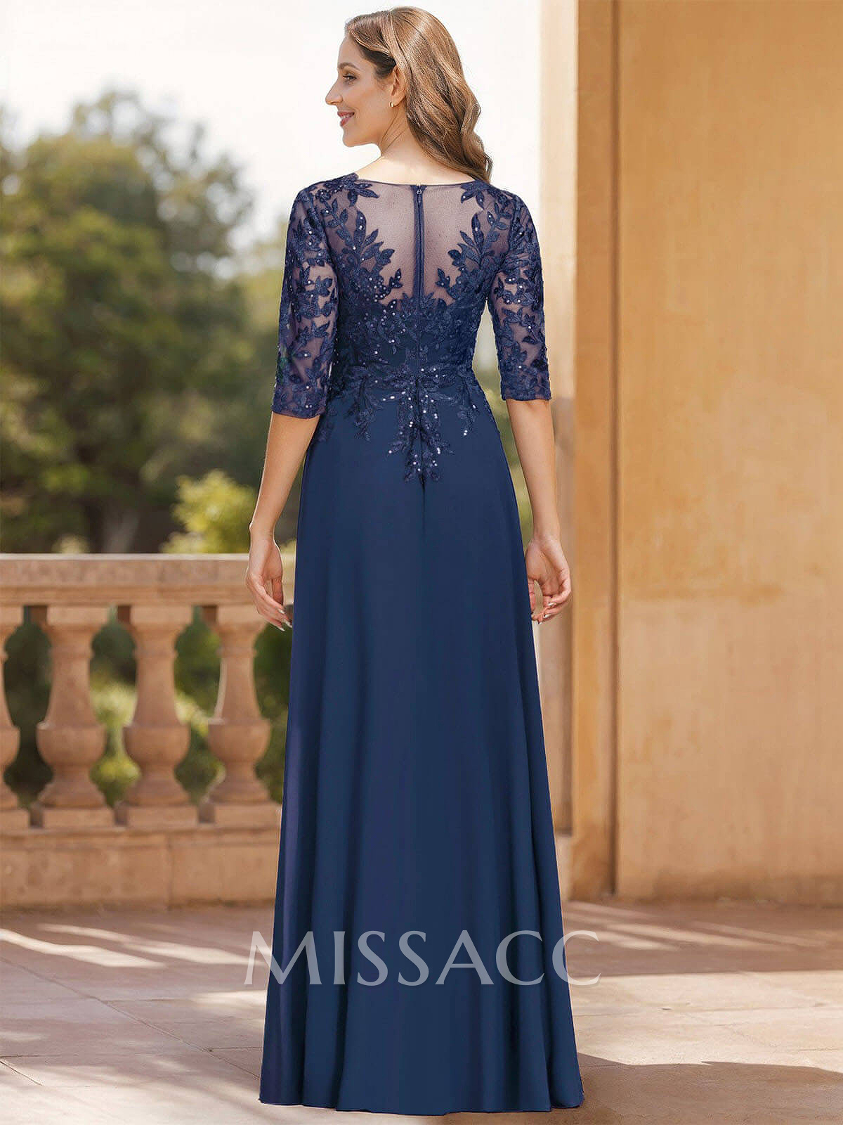 Exquisite Plunge Neck Floral Embroidered Sleeves Chiffon Mother Of The Bride Dresses With High Split