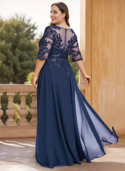 Exquisite Plunge Neck Floral Embroidered Sleeves Chiffon Mother Of The Bride Dresses With High Split