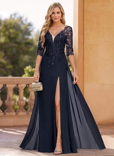 Exquisite Plunge Neck Floral Embroidered Sleeves Chiffon Mother Of The Bride Dresses With High Split