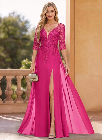Exquisite Plunge Neck Floral Embroidered Sleeves Chiffon Mother Of The Bride Dresses With High Split