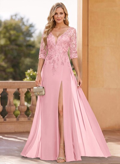 Exquisite Plunge Neck Floral Embroidered Sleeves Chiffon Mother Of The Bride Dresses With High Split