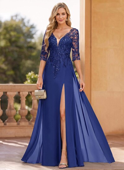 Exquisite Plunge Neck Floral Embroidered Sleeves Chiffon Mother Of The Bride Dresses With High Split