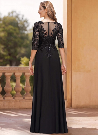 Exquisite Plunge Neck Floral Embroidered Sleeves Chiffon Mother Of The Bride Dresses With High Split