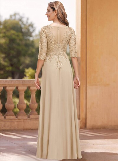 Exquisite Plunge Neck Floral Embroidered Sleeves Chiffon Mother Of The Bride Dresses With High Split