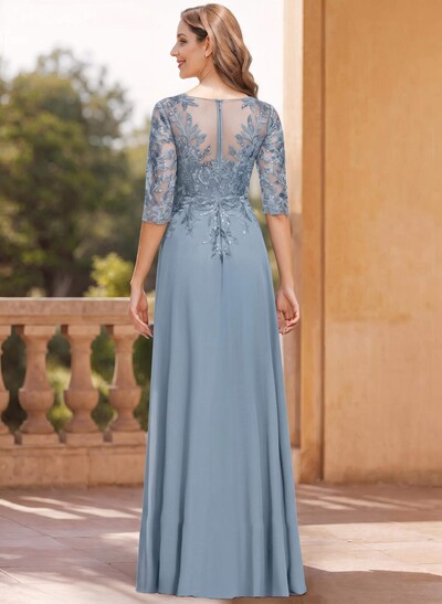 Exquisite Plunge Neck Floral Embroidered Sleeves Chiffon Mother Of The Bride Dresses With High Split