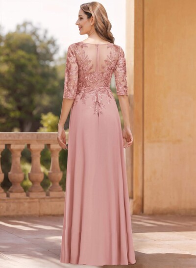Exquisite Plunge Neck Floral Embroidered Sleeves Chiffon Mother Of The Bride Dresses With High Split