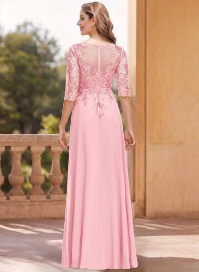 Exquisite Plunge Neck Floral Embroidered Sleeves Chiffon Mother Of The Bride Dresses With High Split
