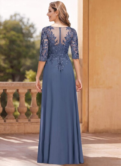 Exquisite Plunge Neck Floral Embroidered Sleeves Chiffon Mother Of The Bride Dresses With High Split
