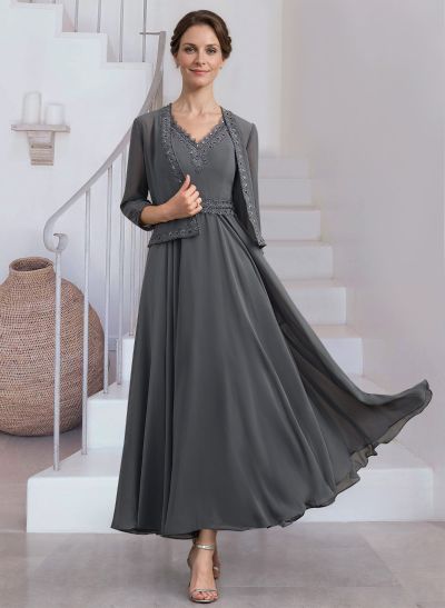 Modest Lace Embroidered V-Neck Chiffon Mother Of The Bride Dresses With Jacket