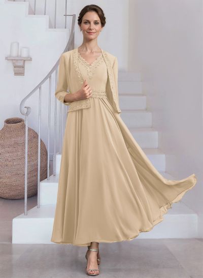 A-Line V-Neck Chiffon Mother Of The Bride Dresses With Appliques Lace