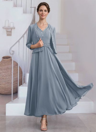 Modest Lace Embroidered V-Neck Chiffon Mother Of The Bride Dresses With Jacket