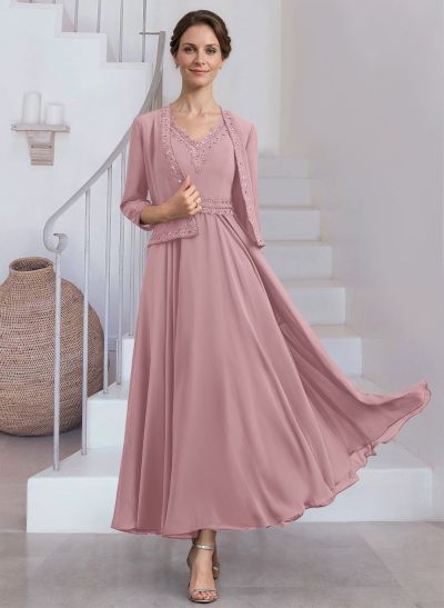 A-Line V-Neck Chiffon Mother Of The Bride Dresses With Appliques Lace