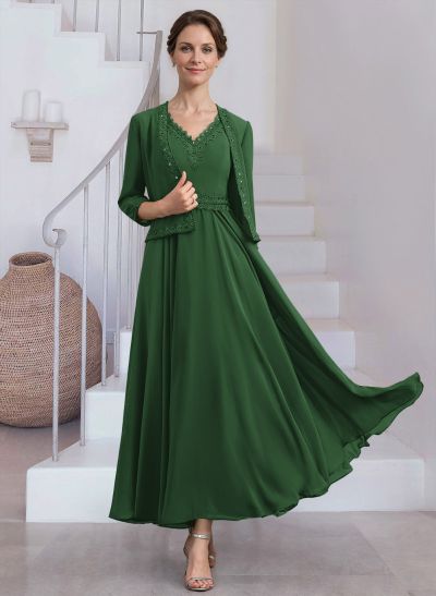 Modest Lace Embroidered V-Neck Chiffon Mother Of The Bride Dresses With Jacket