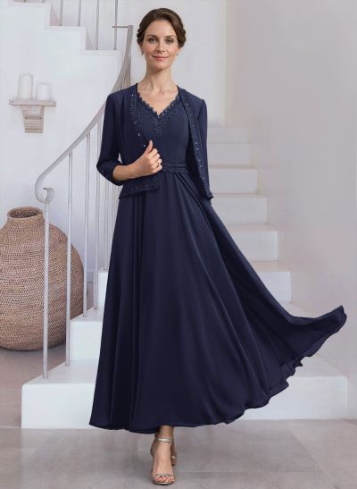 Modest Lace Embroidered V-Neck Chiffon Mother Of The Bride Dresses With Jacket