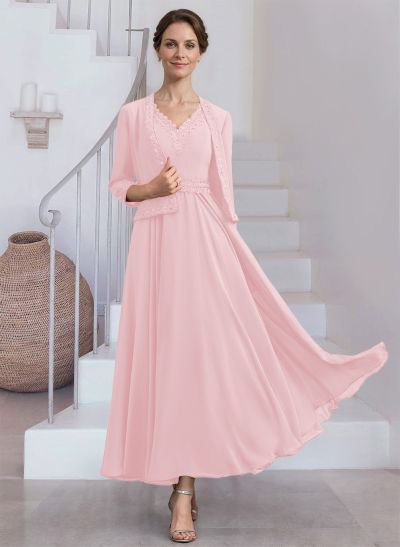 Modest Lace Embroidered V-Neck Chiffon Mother Of The Bride Dresses With Jacket