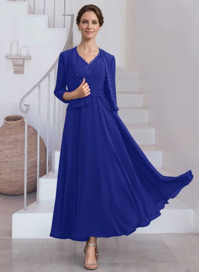 A-Line V-Neck Chiffon Mother Of The Bride Dresses With Appliques Lace