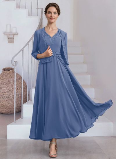 A-Line V-Neck Chiffon Mother Of The Bride Dresses With Appliques Lace