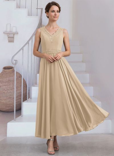 A-Line V-Neck Chiffon Mother Of The Bride Dresses With Appliques Lace