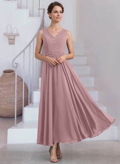 A-Line V-Neck Chiffon Mother Of The Bride Dresses With Appliques Lace