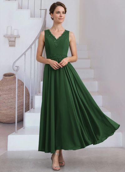 A-Line V-Neck Chiffon Mother Of The Bride Dresses With Appliques Lace